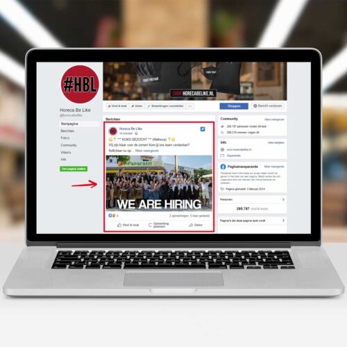 Horecabelike.nl vacature plaatsing + Facebook tijdlijn post (275.000+ volgers) - €75,-